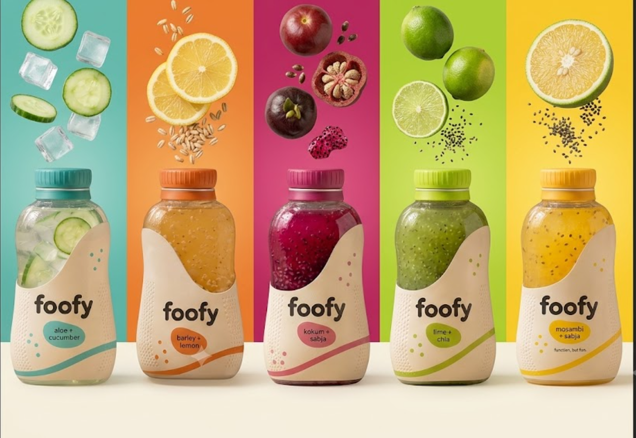 Foofy bottles arranged by flavour with matching fruits and ingredients.