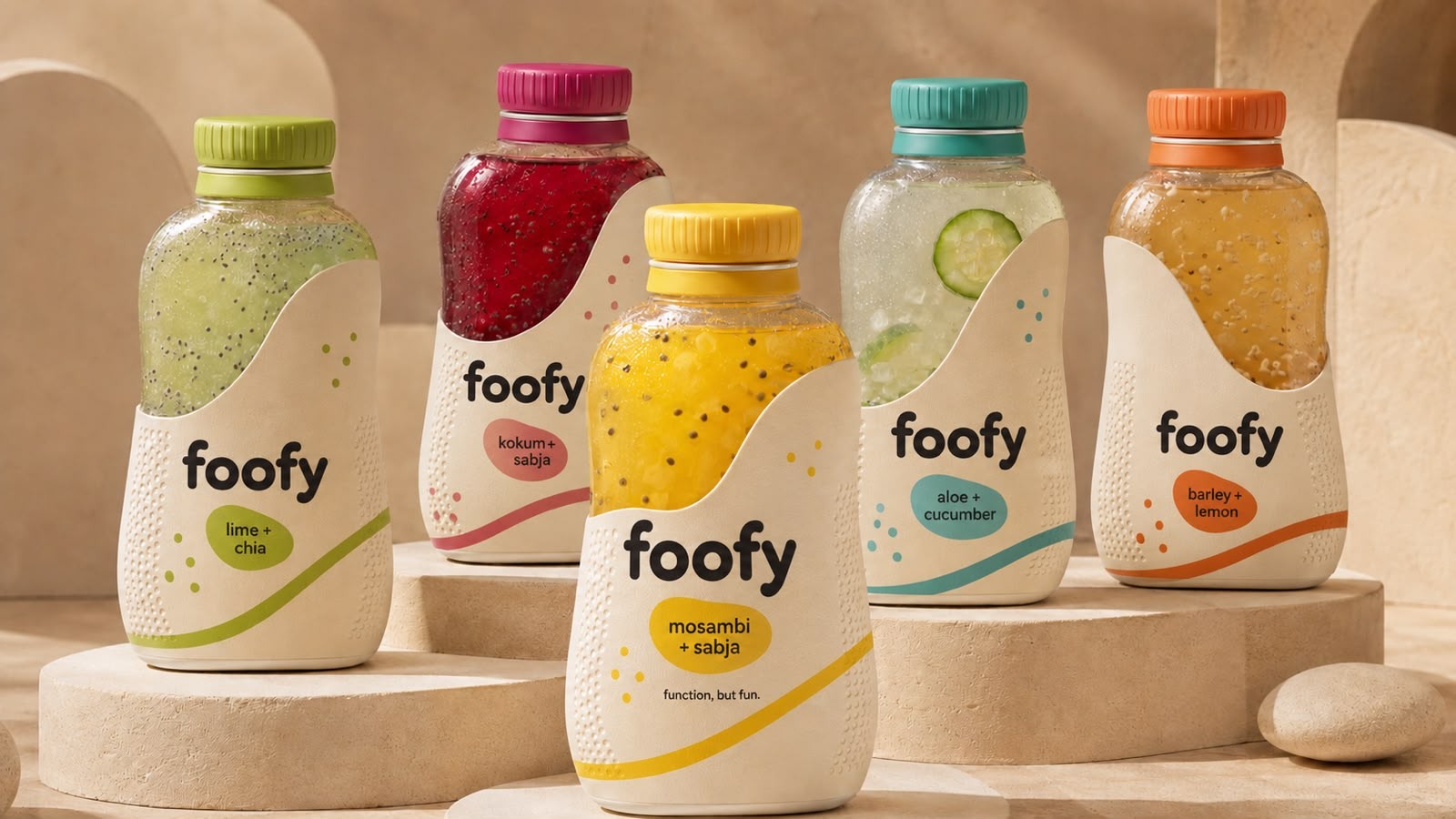 The Foofy beverage range photographed together against a warm sand backdrop.